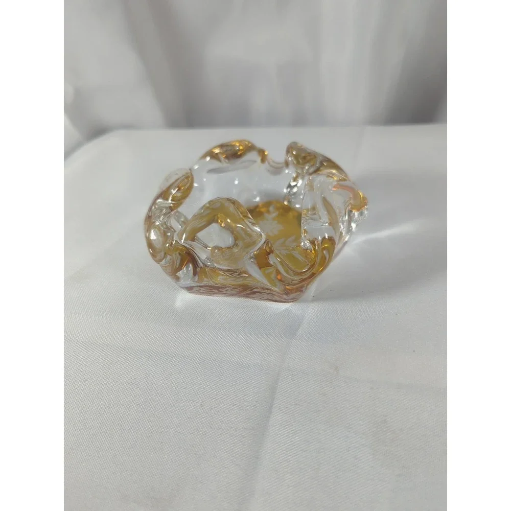 Vintage Crystal Ash Tray Amber Base Clear Upper Etched Floral Design